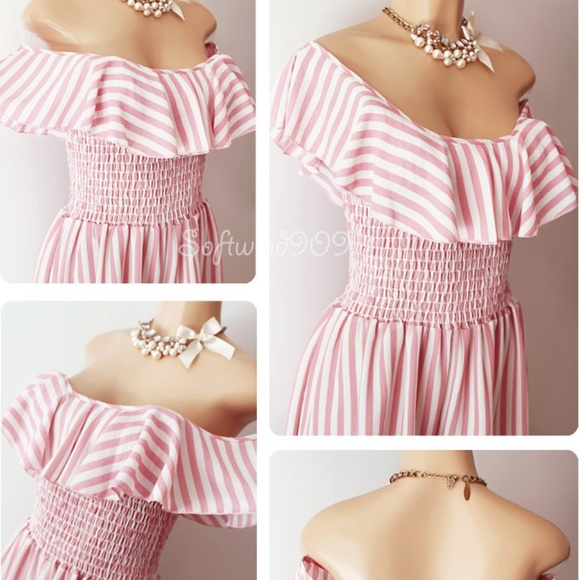 Last One☝️ Pink Striped Off Shoulder Ruffle Romper - Picture 4 of 8
